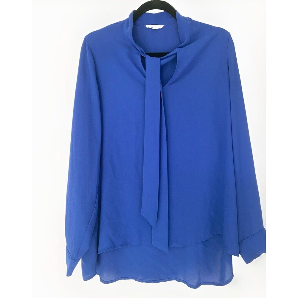 Pleione Women’s Size Small Royal Blue Bow tie Long Sleeve High -Low Hem Blouse